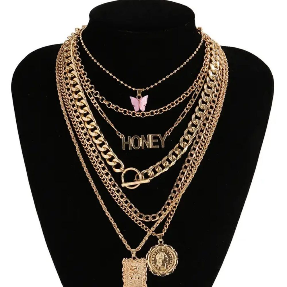 Gold and Pink 7 Layered Necklace with Pendant Details - Picture 4 of 7